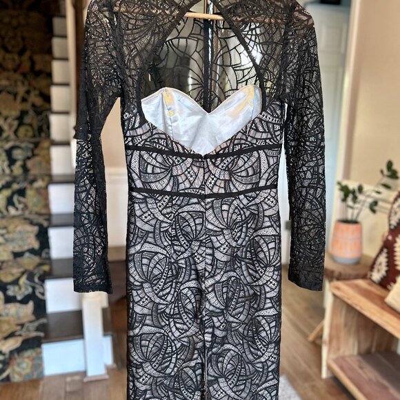 Monique Lhuillier Overtones Black Lace Art Deco Cocktail Event Sheath Dress Sz 4 - Picture 6 of 16